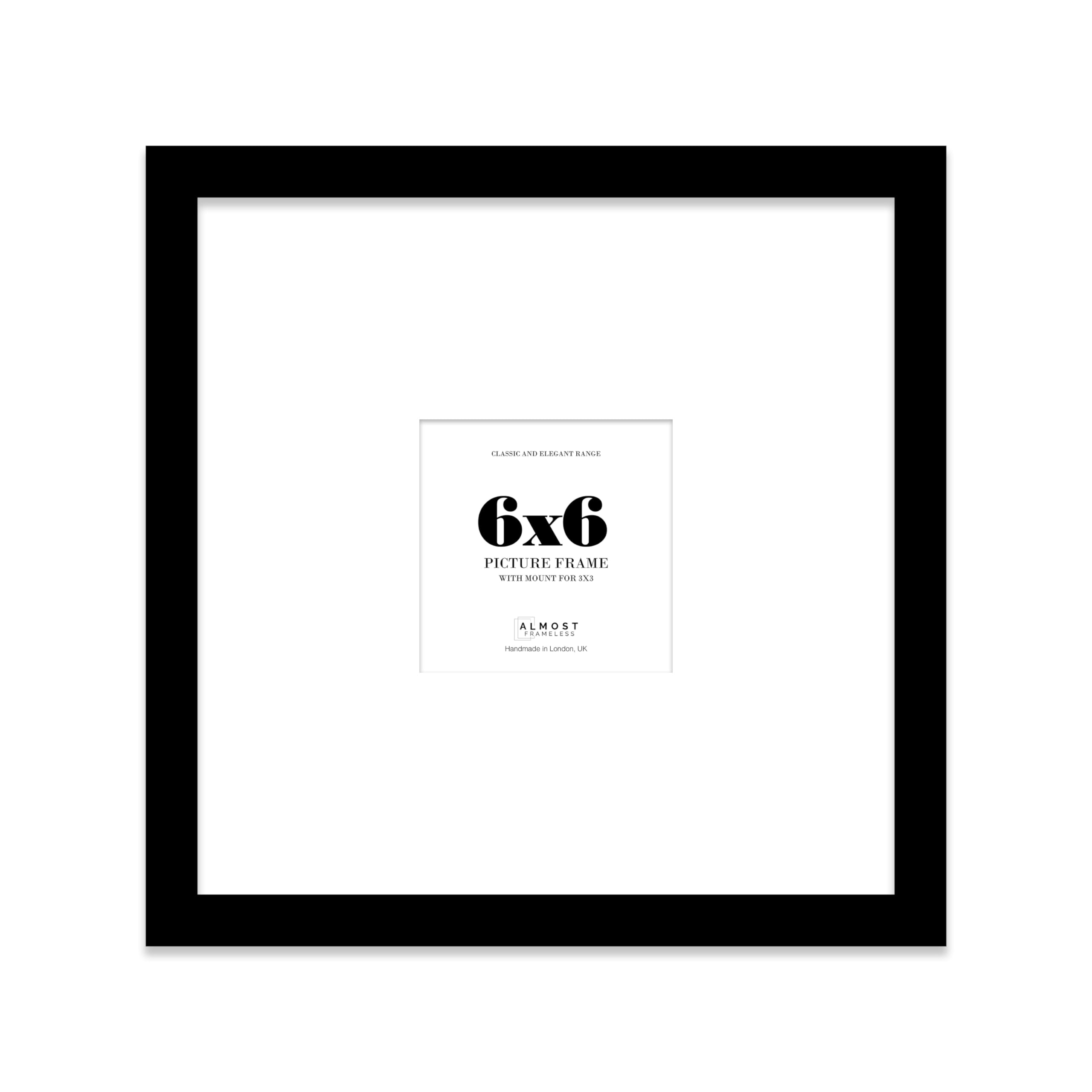 Almost Frameless 6x6 Square Picture Frame, Display Pictures 3x3 With Mat or 6x6 Without Mat, Wall Hanging & Free Standing Photo Frame, Black, 1 Pack