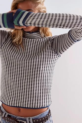 Casual Mock Neck Striped Cropped Sweater for Women Slim Fit Long Sleeve Plaid Pullover Sweater Color Block Knit Tops2