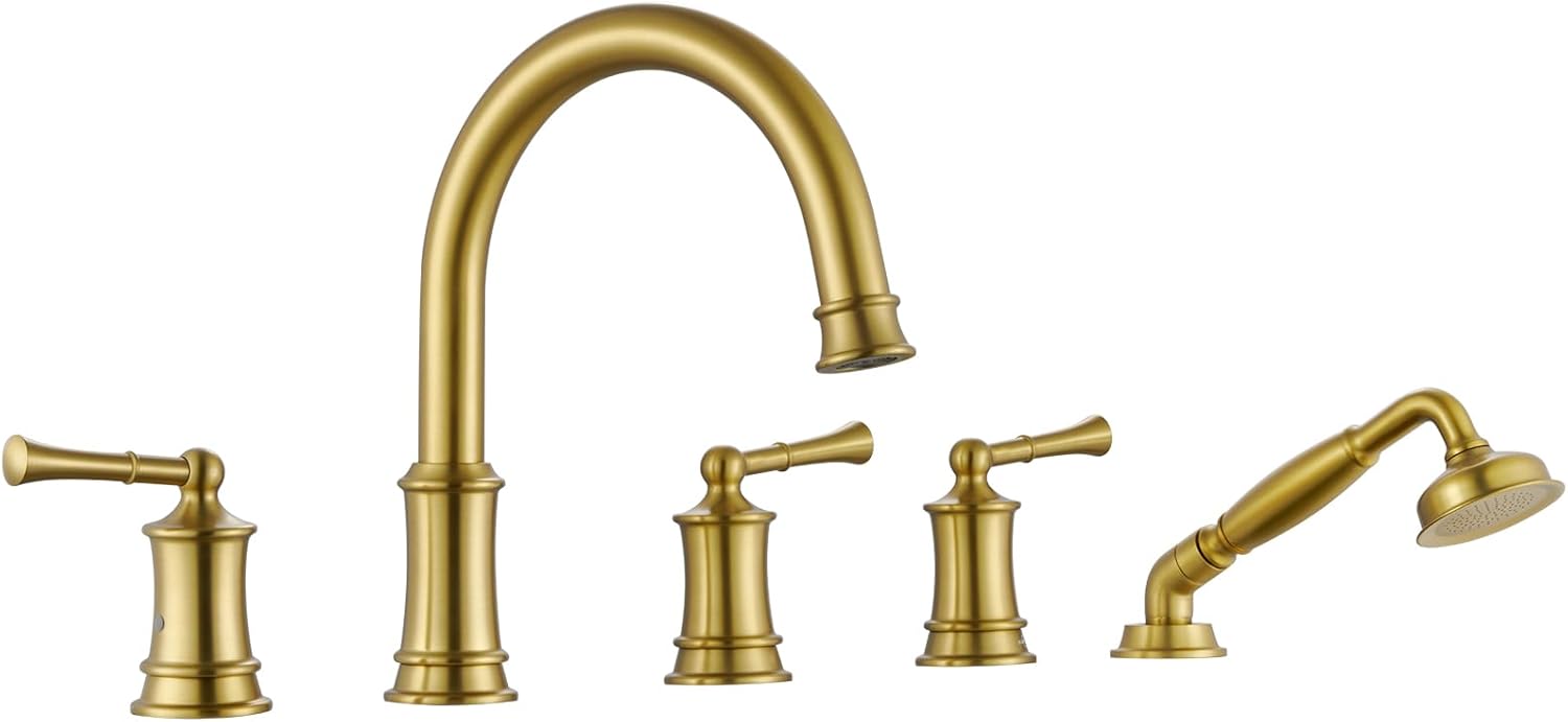 Roman Tub Faucet with Hand Shower, Antique Tub Shower Faucet Set with Valve for 5 Hole, Deck Mount Shower Tub Faucet Set，3 Handle Bath Tub Faucet High Flow, Brushed Gold(B2309-BG)