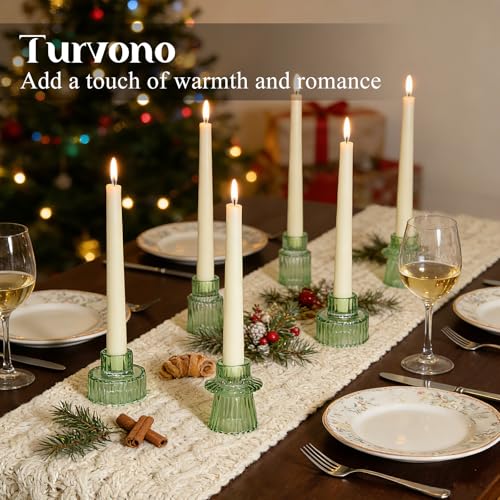 Turvono ヴィンテージリブグリーンガラスキャンドルホルダー12個セット、3つのサイズのピラー、ティーライト&ボーティブホルダー、エレガントなグリーンキャンドルスティックホルダー テーブルセンターピース&棚の装飾用 [3]
