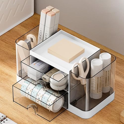 Image of Desk Organizer with 2 side Drawers & Dual Pen Holders Multipurpose Desktop Storage Box for Office Desk Study Table Makeup Vanity Stationery Holder with Transparent Top Tray(multicolor)