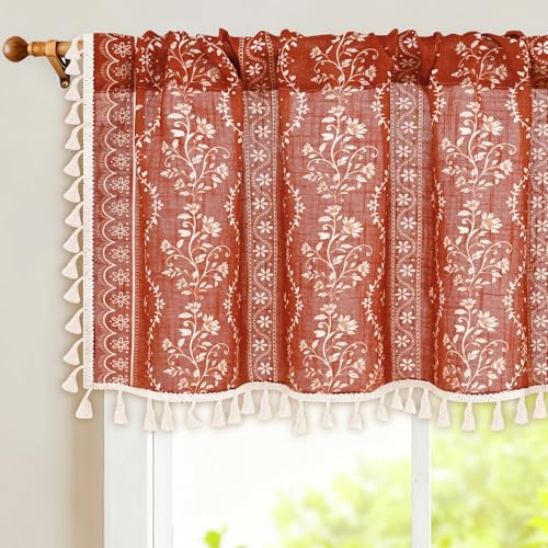 Yinhua Boho Valance Curtains Vintage Linen Kitchen Valances for Windows Light Filtering Floral Valance Rod Pocket Farmhouse Rustic Tassel Window Valances for Bathroom Cafe 52 W X 18 L Terracotta