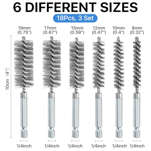 Image of 18 Pcs Wire Brush for Drill, Stainless Steel Bore Brush with 1 /4 inch Hex Shank, Metal Tube Cleaning Brush, Brush Attachment for Drill Impact Driver in 6 Sizes(8mm, 10mm, 12mm, 15mm, 17mm, 19mm)