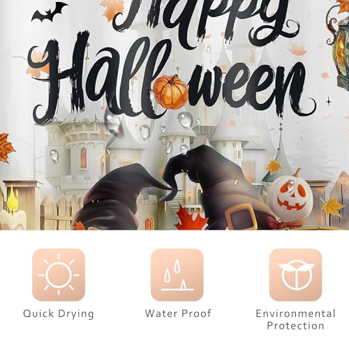 Image of Riyidecor Happy Halloween Shower Curtain Kids Funny Ghost Cute Cartoon Gothic Spooky Fall Autumn Pumpkin Maple Leaves Castle Bathroom Decor Fabric Polyester Waterproof 12 Pack Hooks 72Wx72H Inch