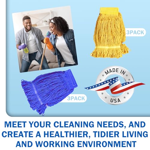 Image of 4 Pack Commercial Mop Heads, Looped-End String Wet Mop Replacement, Heavy Duty Mops, Industrial Mop for Floor Cleaning, Home, Kitchen, Office (2 Blue /2 Yellow)