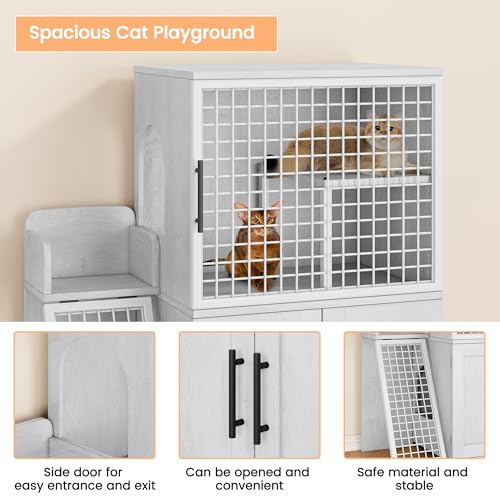IDEALHOUSE Villa Litter Box Enclosure With Platform, Double Layer Hidden Furniture, Indoor Modern Cat Washroom, House With Ladder, 33.5" L x 17.9" W x 41.9" H, Antique White