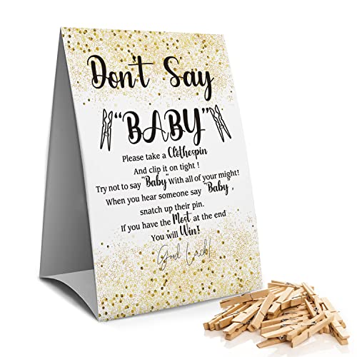 Don't Say Baby Clothespin Games Sign(1 Sign + 50 Mini Clothespins), Baby Shower Games, Golden Leaf,Gender Neutral Baby Shower (2D)