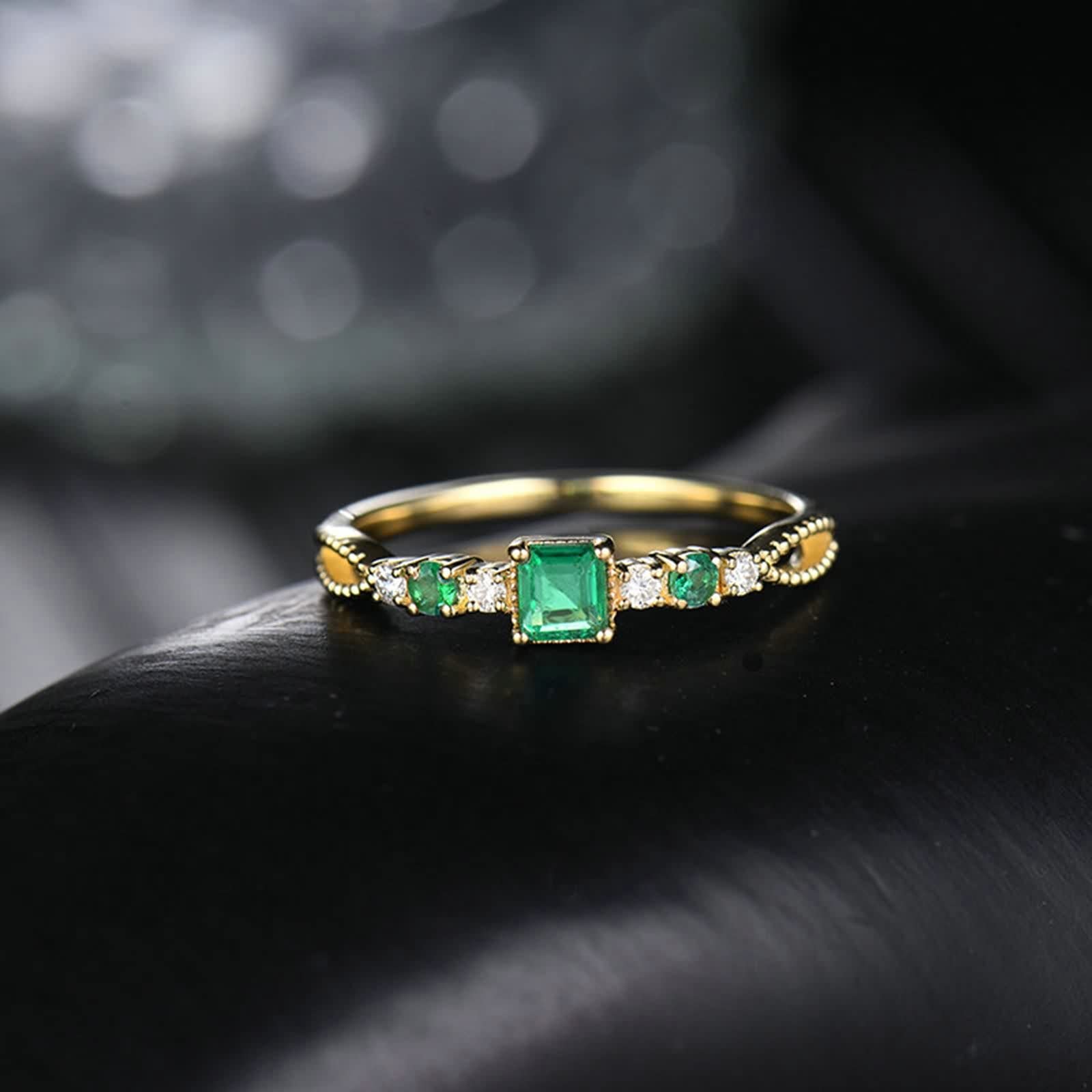 Anillos Mujer con Esmeralda, Anillos Novios Oro Amarillo para Esposa Novia Ajuste Cómodo