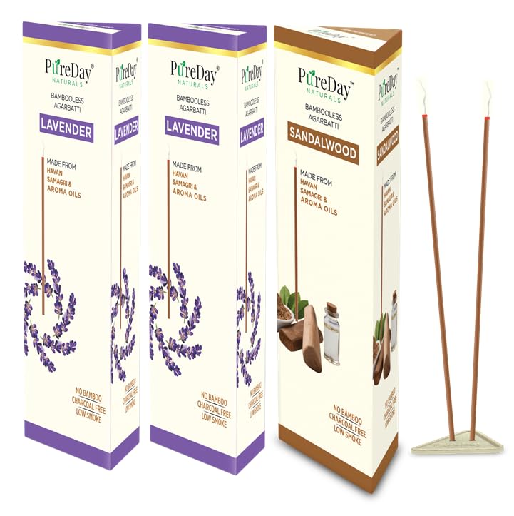 Bambooless Agarbatti | 200 Dhoop Sticks | Pack of 3 | Lavender - 160 Sticks & Sambrani - 40 Sticks | No Bamboo, No Charcoal, Lasting Aroma | Free Ceramic Stand