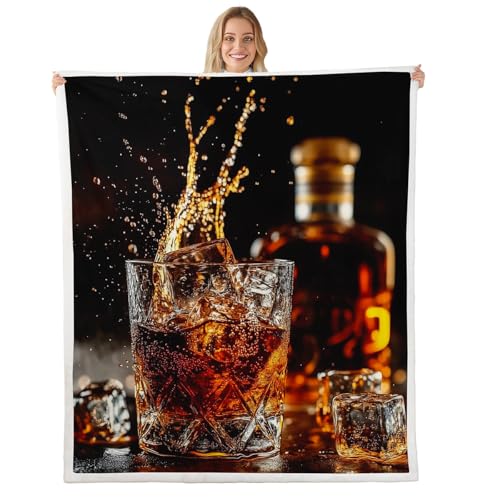 Manta de bebidas de whisky para niños, manta de cama para beber licor de malta de whisky para niñas y niños, manta mullida de moda occidental de vidrio de cerveza, tamaño individual (60 x 80 pulgadas)