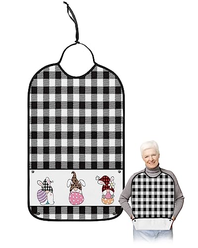 Spring Easter Adult Bibs for Eating, Waterproof Bibs with Food Catcher & Adjustable Snap Closure, Black and White Buffalo Plaid Gnomes with Eggs Clothing Protectors Adult Bibs for Elderly Women/Men