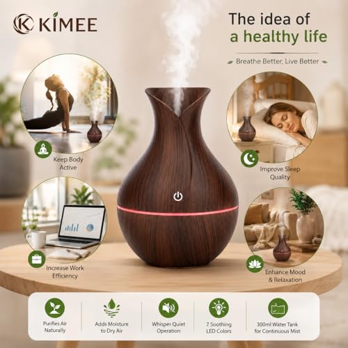 Image of KIMEE Aroma Diffuser Humidifier for Room & Home | Wood Grain Essential Oil Diffuser | Ultrasonic Cool Mist Air Humidifier for Bedroom | 3 Colour LED Light | Touch Control | Auto Shut-Off | 200ml
