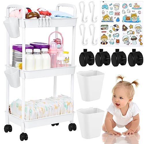 Image of Ripeng 3 Tier Diaper Caddy Movable Baby Diaper Cart Diaper Storage Cart Newborn Essentials Cart Caddy Organizer Mobile Diaper Shelving Unit Cart for Baby Nursery Cart Changing Table(White)