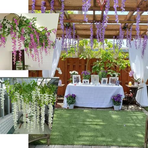 藤の花 造花 12本入 リアル 人工藤花 花飾り 人工観葉植物 枯れない花 緑の葉 つり下げ 壁装飾 装飾花輪 フェイクグリーン シルク ベランダ ガーデン 結婚式 パーティー 写真撮影 庭園飾り 部屋飾り (グリーン) [5]