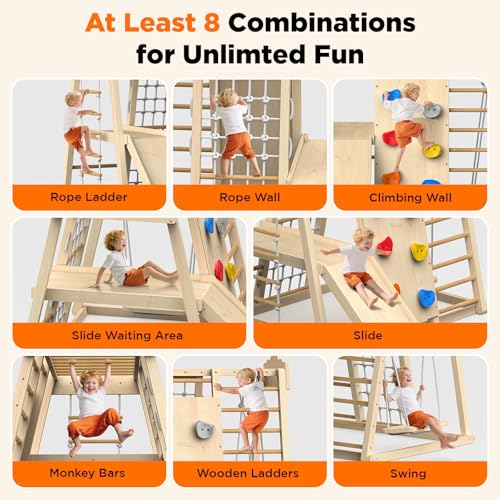 Indoor Playground 8-in-1 Wooden Jungle Gym Large Kids Play Gym Climbing Toys with Swing, Slide with Preperation Zone, Monkey Bars, Climbing Rocks, Rope Wall, Ladders