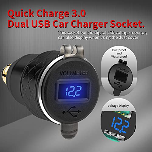 Image of DaierTek DIN Hella Plug to Dual USB Charger Adapter for BMW Triumph Tiger Ducati Motorcycle Quick Charge QC 3.0 Powerlet Waterproof with Blue LED Voltmeter