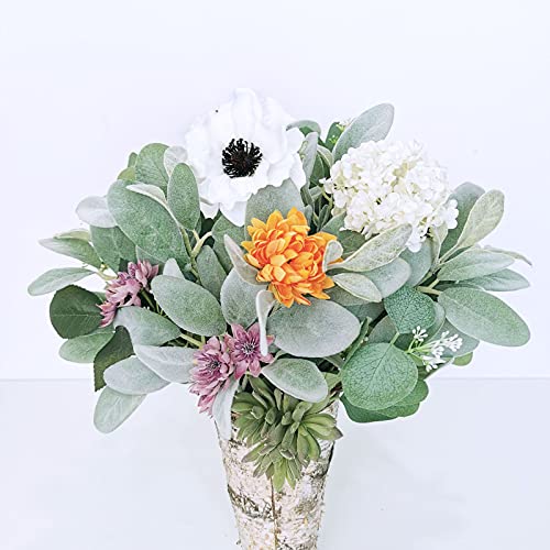 Winlyn 8 Pcs Artificial Flocked Lambs Ear Leaves Stems Faux Lamb's Ear Branches Picks Greenery Sprays For Vase Bouquet Wreath Boutonniere Making Floral Arragement Rustic Wedding Centerpiece Decoration #TOP5