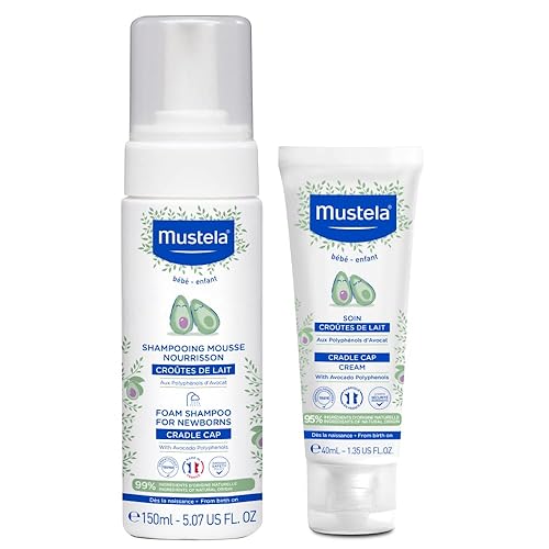 Mustela Paquete de gorras de cuna para bebé champú natural y crema de tapa de cuna con aguacate natural juego de 2 piezas