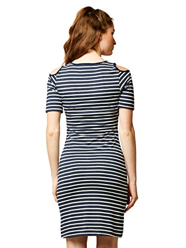Image of Miss Chase Women's Grey and White Round Neck Half Sleeves Striped Mini Bodycon Dress
