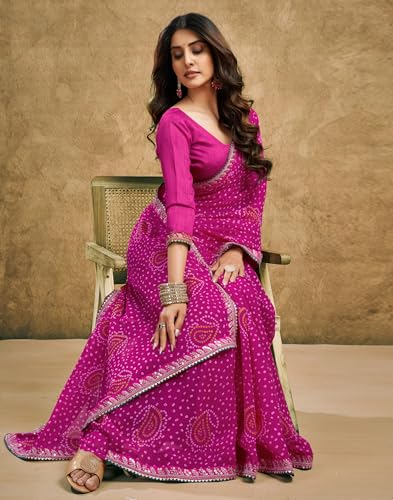Image of SIRIL Women's Georgette Bandhani Printed Saree, Traditional Wedding Sarees For Women With Unstitched Blouse Piece