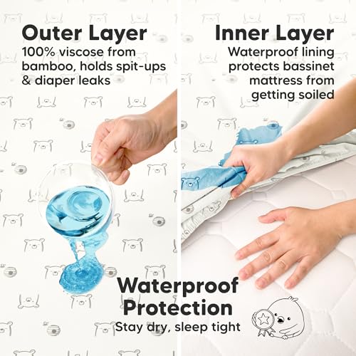 Image of 2pk Waterproof Bassinet Sheets Boy, Girl, 33x17 Mattress Cover(Bumble Bear) | Baby Bassinet Mattress Protector, Viscose Derived from Bamboo, Compatible with Graco, Baby Delight, Halo Bassinest Swivel
