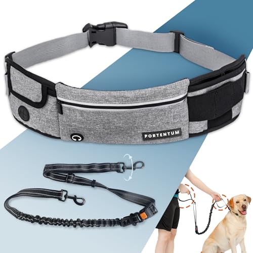 PORTENTUM Guinzaglio mani libere per cani con cintura regolabile 60–127 cm – Ideale per correre, camminare ed escursioni – Design antitrazione con tasche integrate e cuciture riflettenti – Grigio