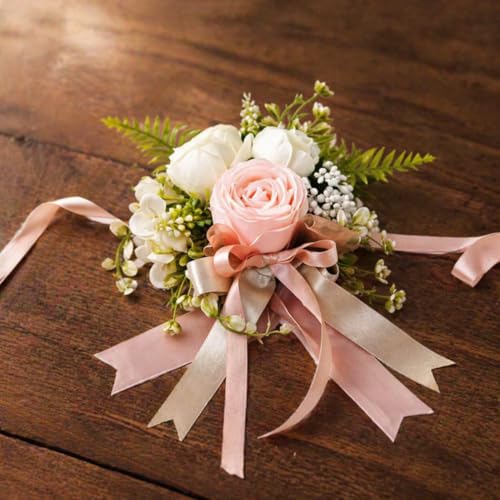 Image of SATYAM KRAFT 1 Pcs Handmade Artificial Rose Floral Brooch with Satin Ribbon - Premium Wedding Corsage for Groom, Bridesmaid, Engagement, Reception, Gift Decoration