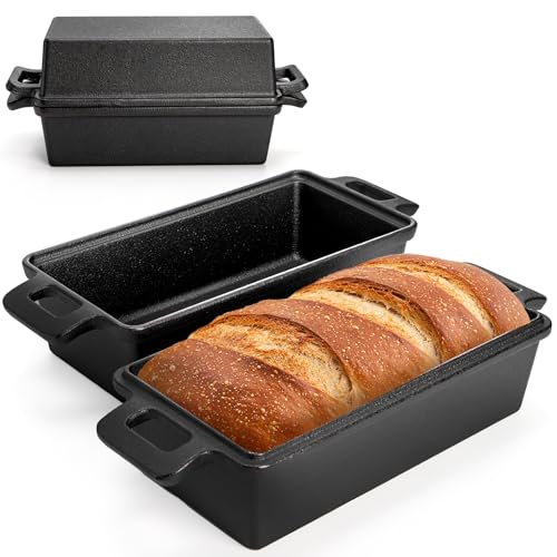 Tosnail 9 x 5 Inches Cast Iron Bread Loaf Pan with Lid, 2 Piece Set Sourdough Baking Pans for...