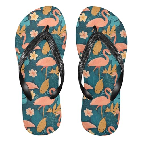 ALAZA Flamingo Monstera Leaf Flip Flops for Women Fashion Beach Slippers Comfort Mens Flip Flops Non-Slip Rubber Shower Slippers Sandal for Hotel Travel Sport,XS