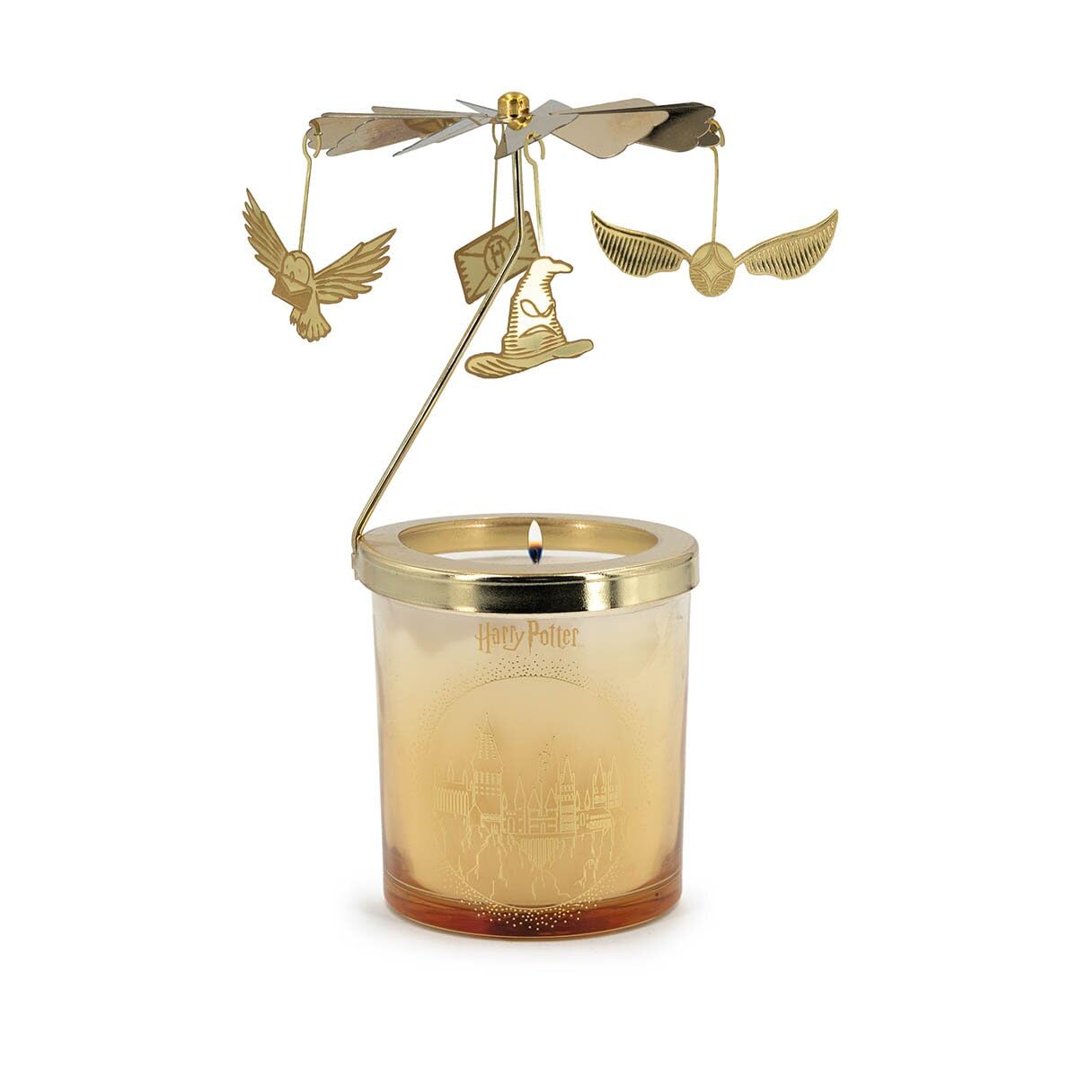Harry Potter Duftkerze Carousel im eleganten Glas mit Metall-Aufsatz (230g) | Floral & Frisch | bis zu 50h Brenndauer | Gold, Offizieller Fanartikel