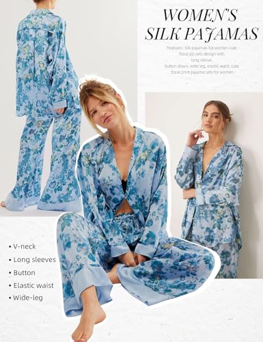 Image of Arssm Satin Pajama Set for Women Silk Pajamas Set 2 Piece Floral Pj Set Long Sleeve Button Down Pjs Sleepwear