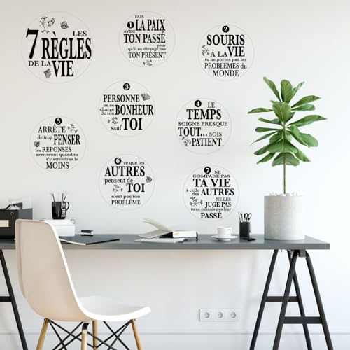 Stickers les 7 Règles de la Vie. Planche Autocollants Ronds Règlement de Vie. Affiche Règles Bonheur. Stickers message noir et blanc - Diamètre 18 cm - Adhésif...