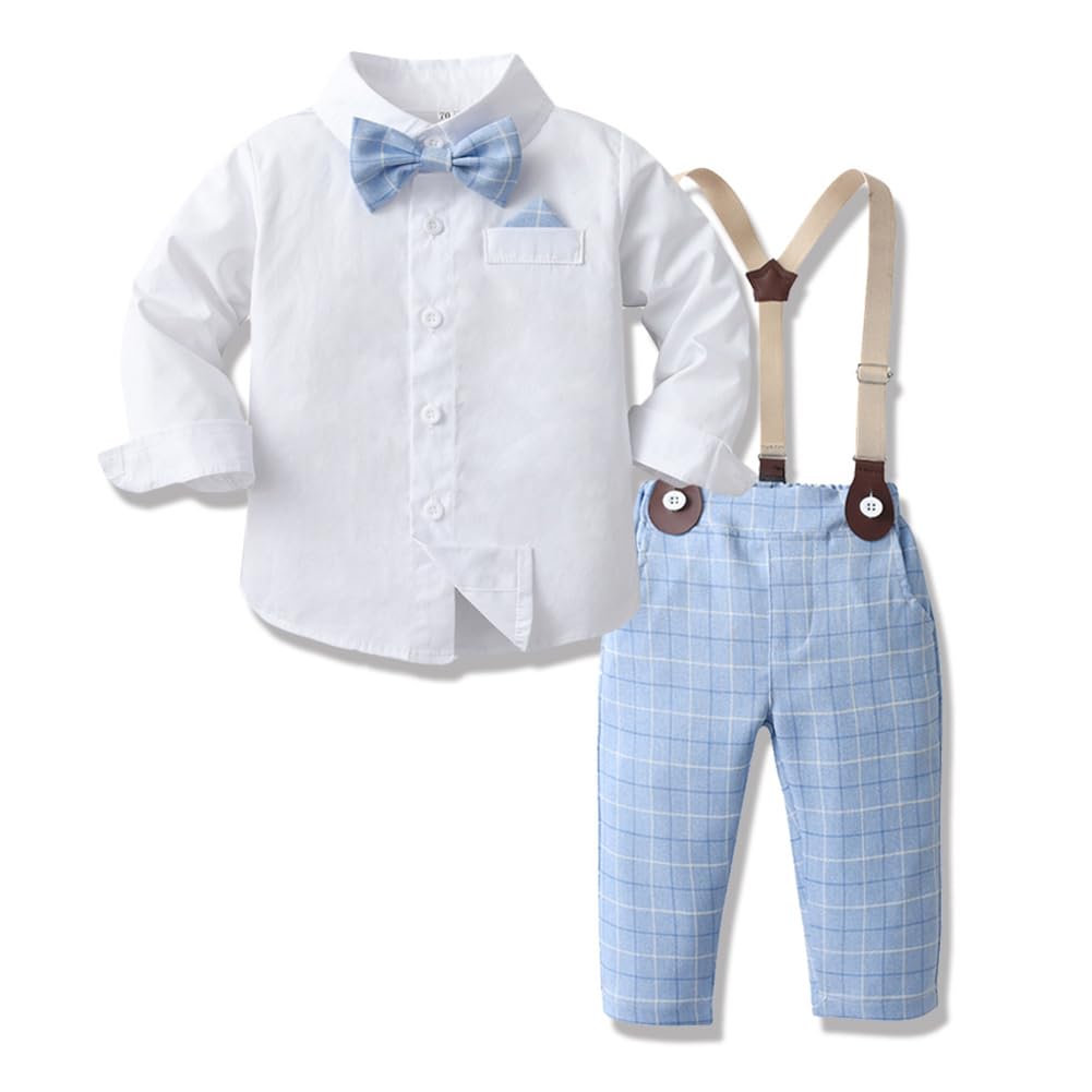 IDOPIP Autumn Baby Boys Clothes Sets Toddler Boy Outfits Gentleman Suits Plaid Bow Tie Shirts Suspenders Pants 4PCS Baptism Birthday Formal Wedding Party Dress Suit Blue Plaid - Pants 12-18 Months