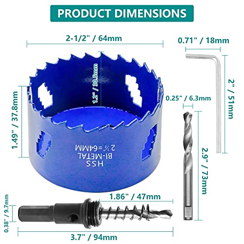 Image of 2-1 /2 Inch Hole Saw with Arbor, 1.2 Inch Cutting Depth | Heavy Duty, HSS Bi-Metal, For Wood Cornhole Boards Plastic Drywall & Thin Metal, Smoothly Cutting