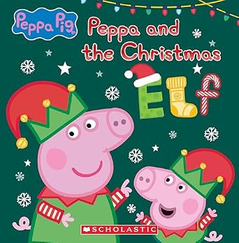 Peppa and the Christmas Elf, green book cover featuring Peppa and George in festive green and red hats, with snowflakes in the background.