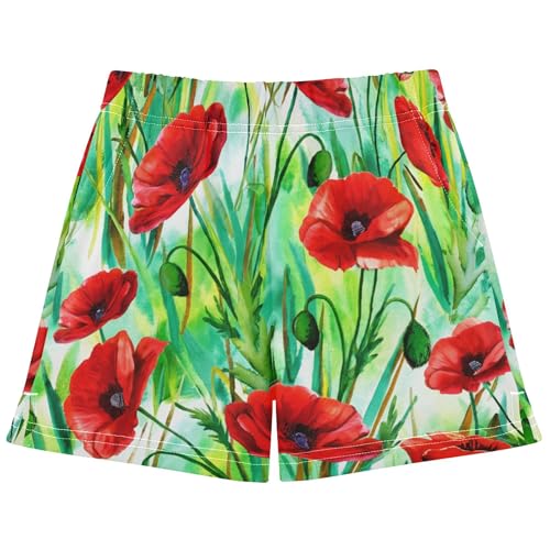 Girls Athletic Lounge Shorts Red Poppy Flower Print Youth Casual Summer Activewear Soft Comfy Pajama Shorts, X-Small