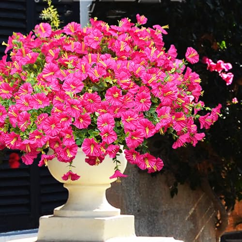Image of Artificial Flowers for Outdoors, UV Resistant Fake Silk Morning Glory, Realistic Faux Plants for Outside Porch Patio Window Box Hanging Planter (16, Hot Pink)