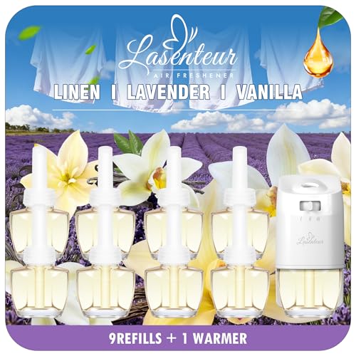 Image of Plug In Air Freshener Starter Kit - Lavender, Vanilla, Linen Scent for Home, Bathroom and Office, 1 Warmer and 9 Essential Oil Refills, Compatible with Air Wick & Glade, Not Include Glade Plus | Spruce, Caramel, Espresso & Raspberry Cinnamon Scents - Compatible with Air Wick & Glade Glade Plus