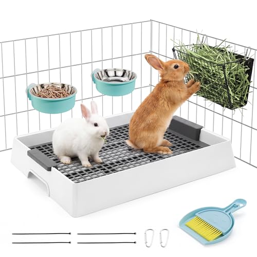 4-in-1 Rabbit Litter Box & Hay Feeder for Bunny and Guinea Pig Upgraded Bunny Litter Box with 2 Stainless Bowls Dustpan & Broom Rabbit & Guinea Pig Accessories