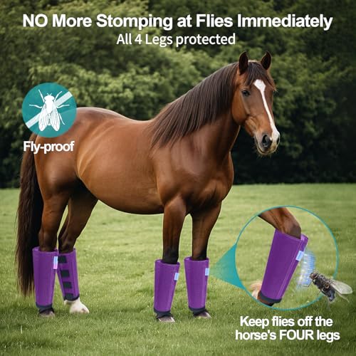 Image of Mesh Horse Fly Boots Set of 4, Loose Fitting Leggings for Horses, Reduce Stressful Stomping, Breathable Adjustable and Universal Fit for 4 Legs, Reliable Stay Put (Purple)