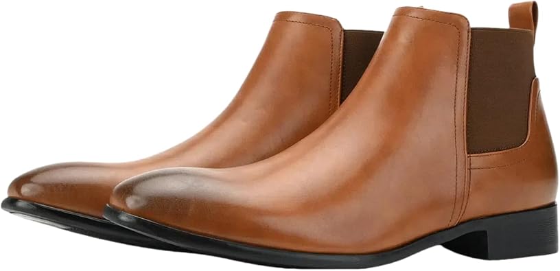 Mens Classic Leather Chelsea Ankle Boots Pointed Toe Slip-On Chukka Boots Fashion Low Heel Business Casual Dress Shoes