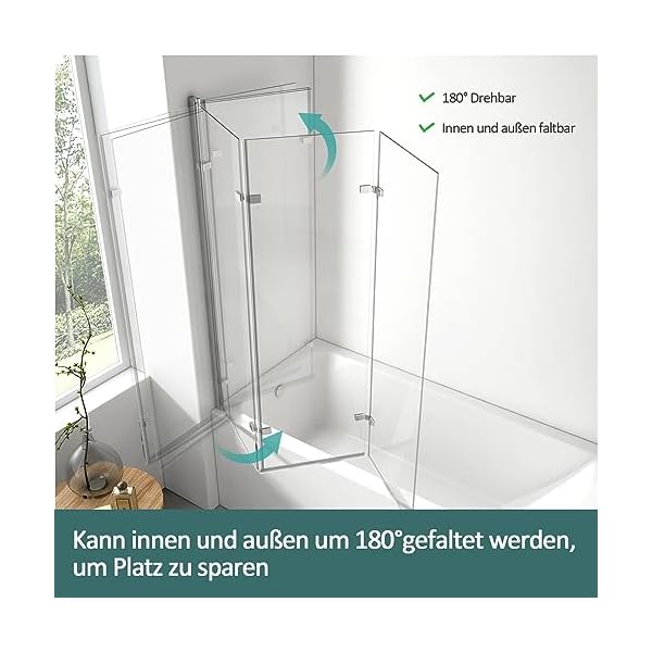 EMKE Duschwand für Badewanne 130x140cm, Duschtrennwand für Badewanne 3-teilig Faltbar Badewannen Duschwand, 6mm Sicherheitsglas Duschabtrennung Badewanne Badewannenaufsatz – Bild 3