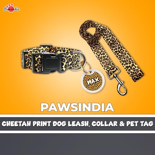 Image of Pawsindia Leash and Collar with Name Tag for Dogs, Cheetah Print with 1.5 Inches Width Adjustable Collar and 4 Feet Heavy Duty Leash with Customize Nametag