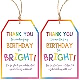 Birthday Gift Tags with String - Thank You Gift Tags 50 PCS Personalized Birthday Thank You Tag for Party Favors, Gift Wrapping, Bags, Birthday Decorations (Bright)