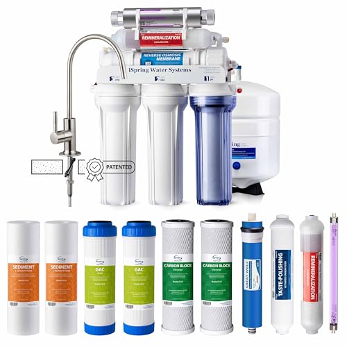 Image of iSpring RCC7AK-UVF3 Value Pack, Alkaline UV 7-Stage Under Sink Reverse Osmosis Water Filter System, Patented Easy-Mount Faucet for Effortless Installation, Additional 3 Pre-Filters Included