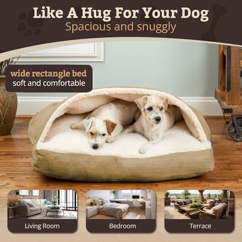 Image of Snoozer Rectangle Cozy Cave Dog Bed, Hooded Dog Bed, Khaki (M)
