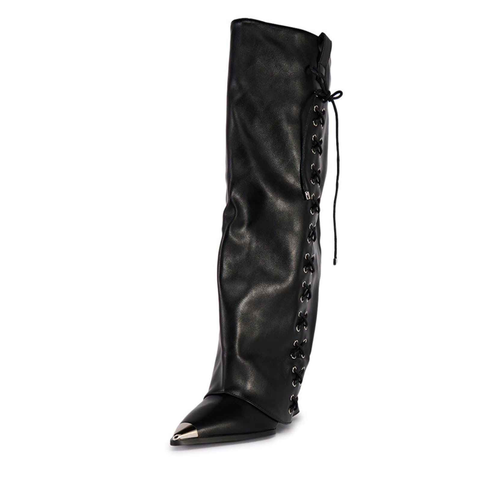 Goolita Lace Up Fold Over Boots For Women Metal Pointed Toe Wedge Heels Knee High Boots Fashion Comfortable