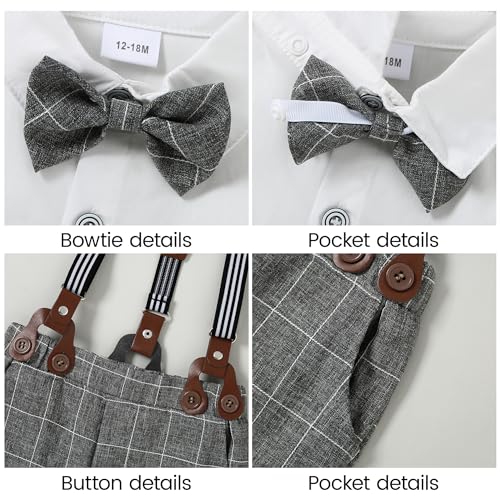 Image of YALLET Toddler Baby Boy Clothes Suit Gentleman Wedding Outfits Formal Dress Shirt+Bowtie+Suspender Pants