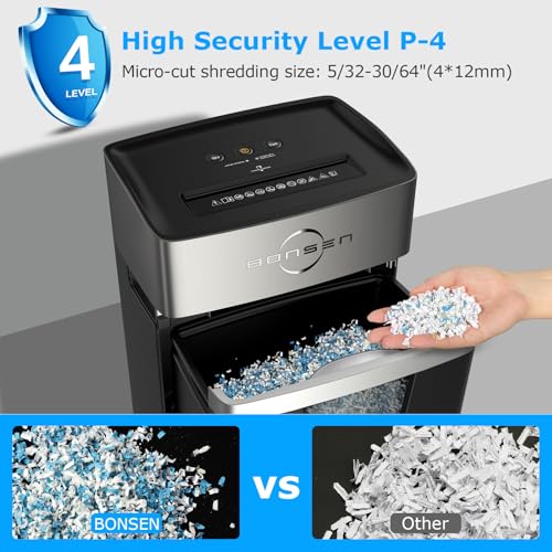 Image of BONSEN P-4 24-Sheet Micro Cut Paper Shredder for Home Office Use | 40-Minutes Running Time, 55 dB Ultra-Quiet with Anti-Jam, Shredding Shreds Credit Card /Staples, 5.3 Gallons Pullout Bin