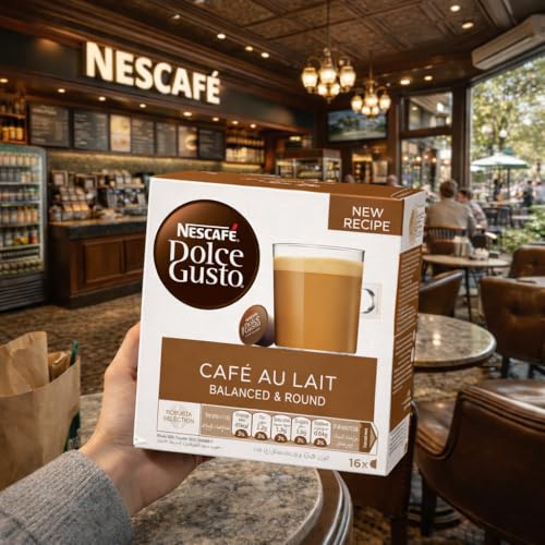 Image of NESCAFE Dolce Gusto Cafe Au Lait Coffee Capsules (Pack of 3) - 16 Pods (160g) Box Each - Smooth Milk Coffee with Balanced & Round Flavor, Robusta Blend, Cafe-Style Drink, Compatible with Dolce Gusto Machines, By Cougar - (IMPORTED-UK)